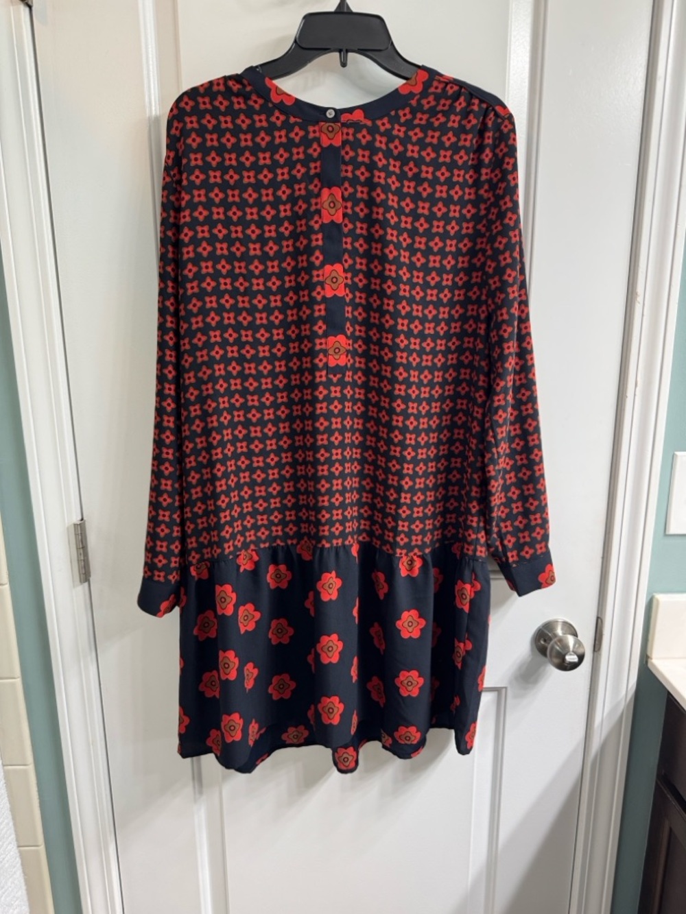 Women's Navy and Red Patterned Long-Sleeve Dress LOFT